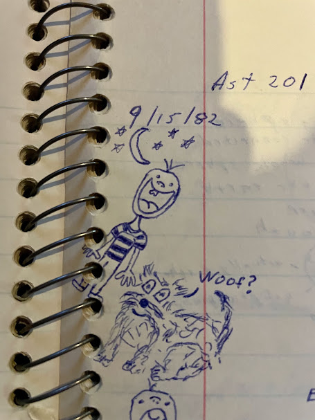 A September 15, 1982 notebook page showing an early smiling figure that would evolve into the Happy Guy
